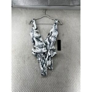 Mono B Plunge One Piece Swimsuit Tropical‎ Leaf Print Tie Front Vacation Medium